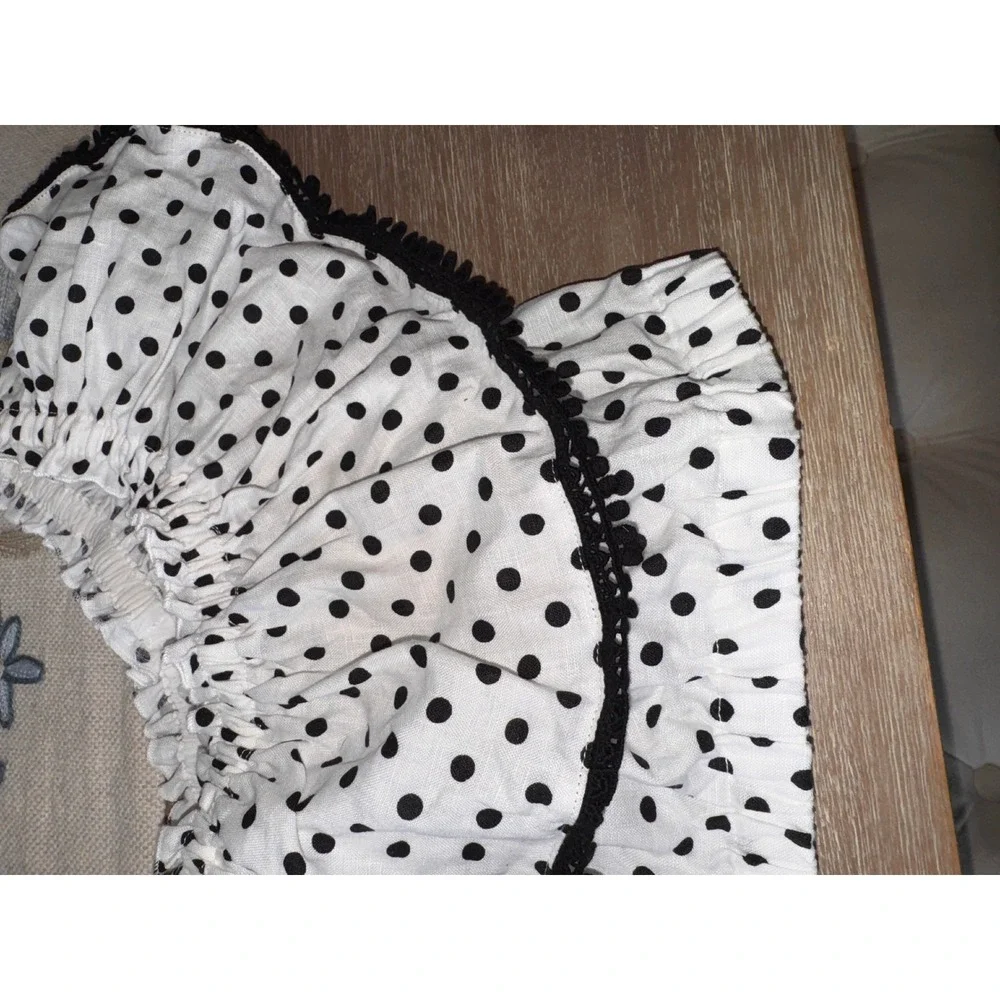 Suboo Polka Dot Crop Top Off Shoulder Ruffle Trim White Black XL - Picture 8 of 9
